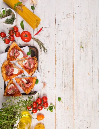 Traditional Greek food on vintage wooden background. Top view.の写真素材