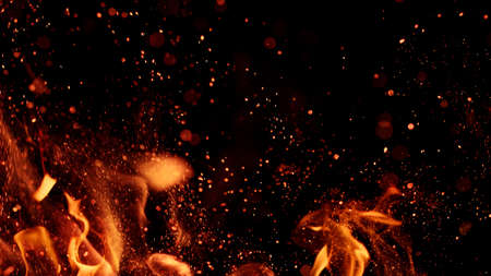 fire flames with sparks on black backgroundの写真素材