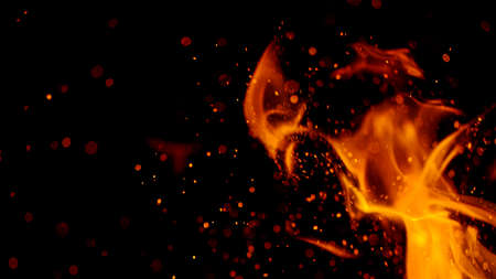 fire flames with sparks on black backgroundの写真素材