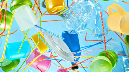 Freeze Motion Shot of Flying Plastic Wasteの写真素材