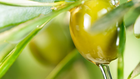 Pouring olive oil and branchの写真素材