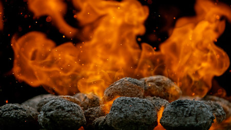 Charcoal briquettes ready for barbecue grill.の写真素材