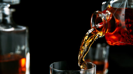 Whiskey Liquid falling into Glass