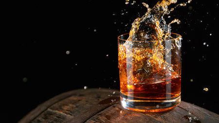 Whiskey Liquid falling into Glassの写真素材