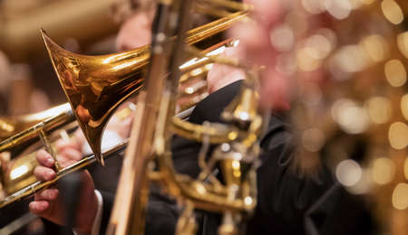 Trumpet professional player with symphony orchestra performingの写真素材