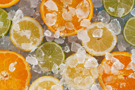 Sliced citrus fruits with crushed ice.の写真素材