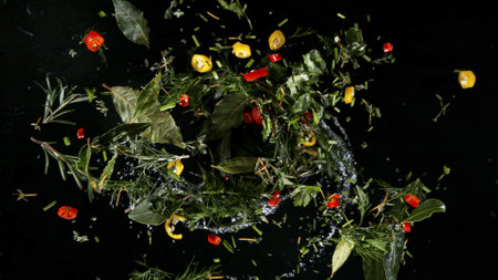 Freeze Motion Shot of Rotating Fresh Herbs.の写真素材