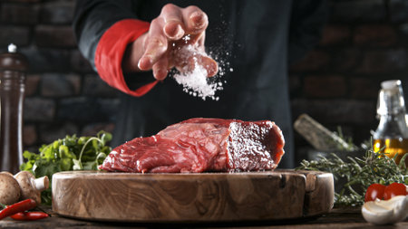 Close-up of falling salt and pepper on tasty beef steakの写真素材