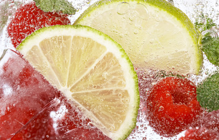 Fresh Fruit Lemonade with Sparkling Water and Ice Cubesの写真素材