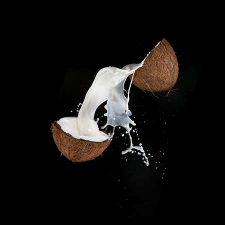 Cracked Coconut with milk splash flying in the air, isolated on black.の写真素材
