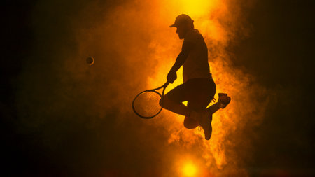 Jumping Player Hitting Tennis Ball with Atmosferic Smoke on Backgroundの写真素材
