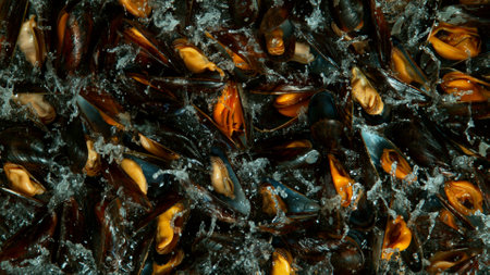 Falling mussels into water, black background, top shotの写真素材