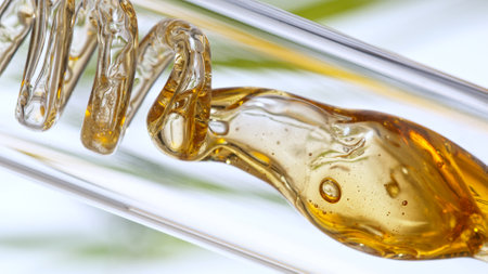 Getting natural oil from natural substances and flowers. Yellow oil flows in a spiral.の写真素材