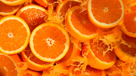 Freeze Motion Shot of Splashing Fresh Oranges, Close-up.の写真素材