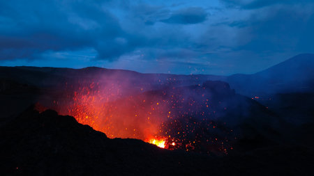 Close-up of volcano, dramatic volcanic eruption in Reykjanes peninsula Icelandの写真素材