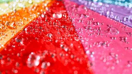 Rain drops on colored umbrella, freeze motion