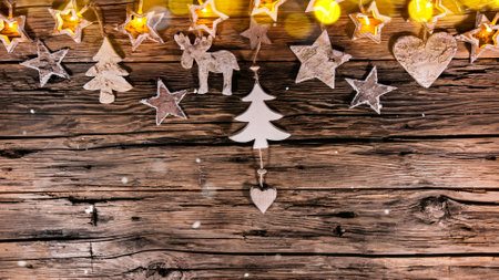 Christmas Still Life with Old Wooden Background and Snowflakes Fallingの写真素材