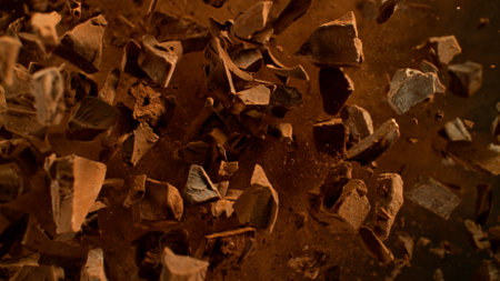 Freeze Motion Shot of Exploding Chocolate Chunks, Macro.の写真素材