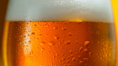 Freshly brewed beer in a pint on orange gradient background, close-up