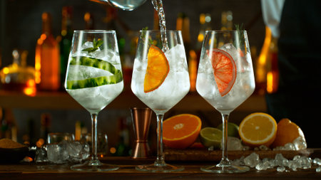 Fresh various gin tonic cocktails on the bar, dark toned backgroundの写真素材