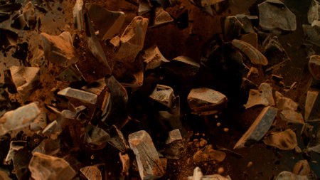 Freeze Motion Shot of Exploding Chocolate Chunks, Macro.の写真素材