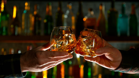 Freeze Motion Shot of Clinking Two Shots, Close-upの写真素材