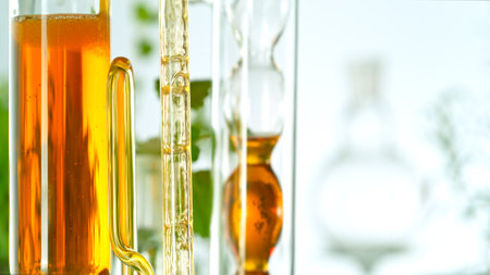 Getting essential oil from natural substances and flowers. Yellow oil flows in a spiral.の写真素材