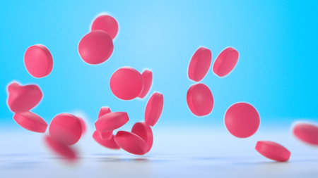 Freeze motion of falling pills on blue background.の写真素材