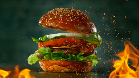 Tasty beef burger on black stone table with fire flames, close-upの写真素材