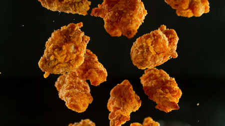 Freeze Motion Shot of Flying Fresh Fried Chicken Wings or Strips, Close-upの写真素材