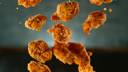 Freeze Motion Shot of Flying Fresh Fried Chicken Wings or Strips, Close-upの写真素材