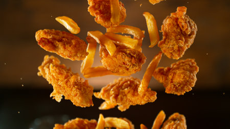 Freeze Motion Shot of Flying Fresh Fried Chicken Wings or Strips, Close-upの写真素材
