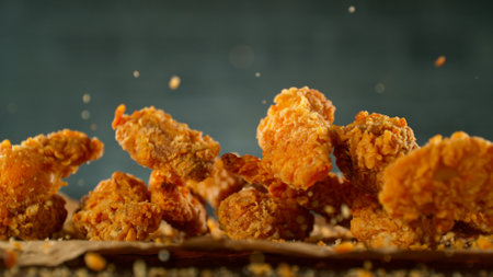 Freeze Motion Shot of Flying Fresh Fried Chicken Wings or Strips, Close-upの写真素材