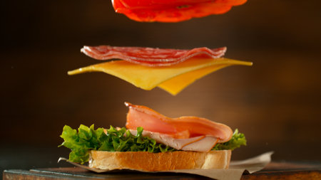 Sandwich Ingredients Falling, Freeze Motion, Close-upの写真素材