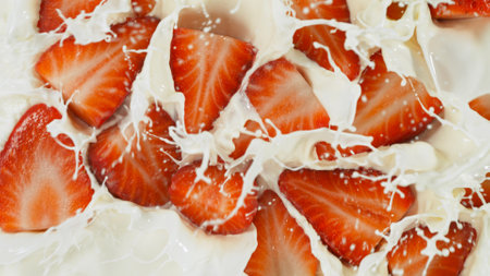 Freeze motion of whirling milk cream with strawberries, close-upの写真素材