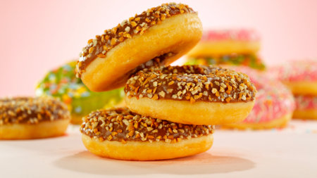 Group of multicolored flying donuts ol pink pastel backgroundの写真素材