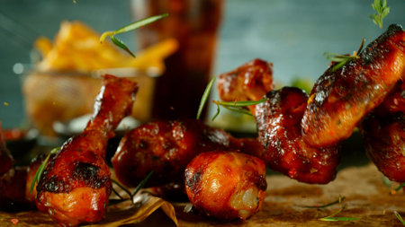 Freeze Motion Shot of Flying Fresh Grilled Chicken Legsの写真素材