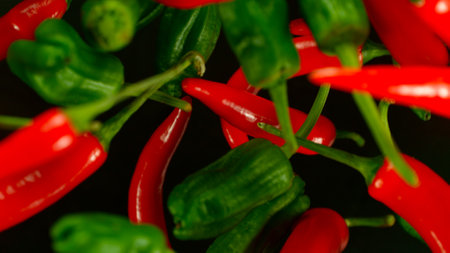 Chilli peppers flying up in the air. Freeze motion. Isolated on black background.