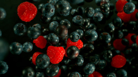 Freeze Motion Shot of Flying Fresh Berries, Macro Shotの写真素材