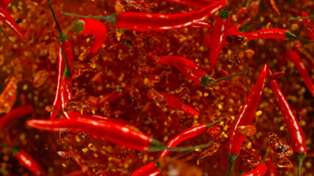 Chilli peppers flying up in the air. Freeze motion. Isolated on black background.
