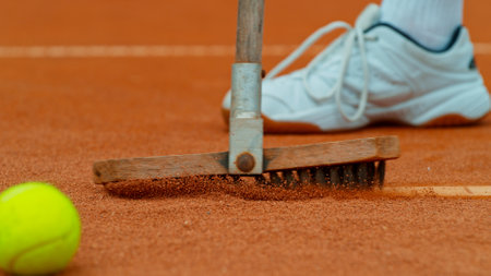 Cleaning marking line clay tennis court with brush. Clay tennis court cleaning.の写真素材