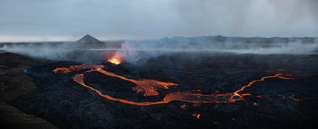 Beautiful aerial panoramatic view of active volcano, Litli - Hrutur, Iceland 2023の写真素材