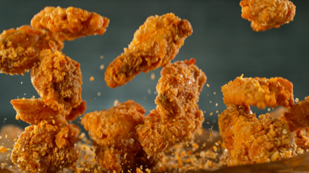 Freeze motion shot of flying tasty fried chicken wings or stripsの写真素材
