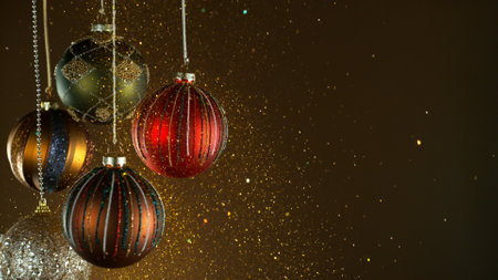 Decorative Christmas Balls with Bokeh Lights and Glitters Falling