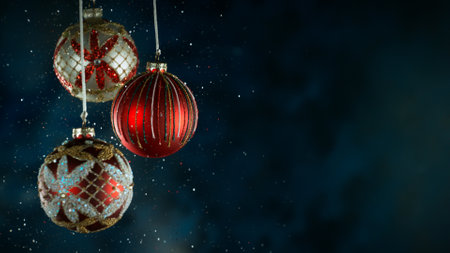 Decorative Christmas Balls with Bokeh Lights and Glitters Fallingの写真素材