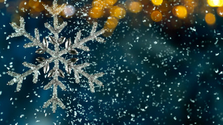 Decorative Christmas Flake with Bokeh Lights and Falling Snow Flakesの写真素材