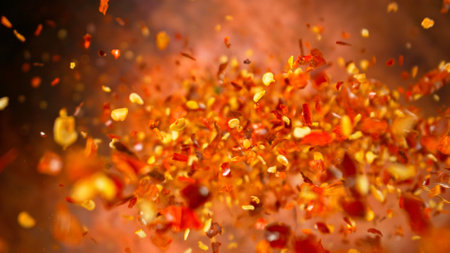 Freeze Motion Shot of Flying Dry Chilli Peppers, Macroの写真素材