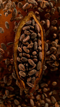 Cocoa fruit with cocoa beans exploding. Top view.