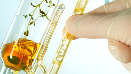 Getting natural oil from natural substances and flowers. Yellow oil flows in a spiral.