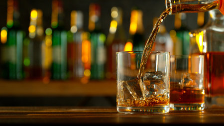 Close-up of pouring whiskey or rum on the bar, dark toned backgroundの写真素材